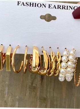 earrings women 金属耳圈覆古耳饰赫本风耳环套装6件套earring