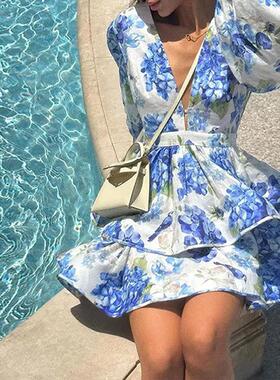 Women's printed V-neck lantern sleeve cake skirt dress