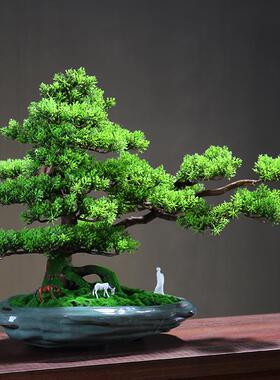 仿真景2022-011迎客松中式盆摆件客厅办公绿实植木树根新酒店装饰