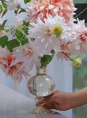 韩国复古玻璃花瓶简约北欧郁金香花瓶设计轻奢居家装饰