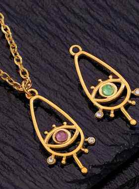 不锈钢镀18K金色眼睛天然石吊坠手链项链配饰钛钢DIY饰品配件挂件