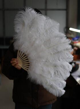 新款白色纯手工定制真鸵鸟羽毛扇子舞台表演汉服拍摄道具绒扇子