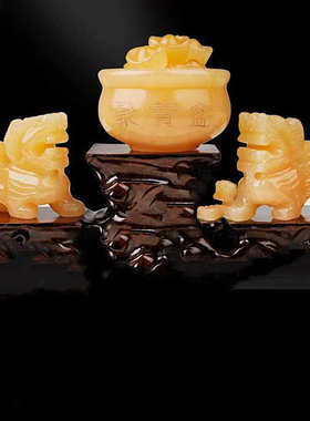 天然黄玉貔貅摆件一对玉石皮丘办公室客厅店铺貔貅