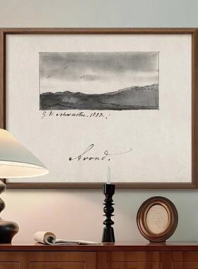 《素描远山》法式复古黑白风景客厅装饰画饭厅中古风美式玄关挂画