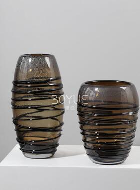 美式简约咖色银箔条纹缠丝琉璃花瓶样板间客厅餐厅桌面软装饰品