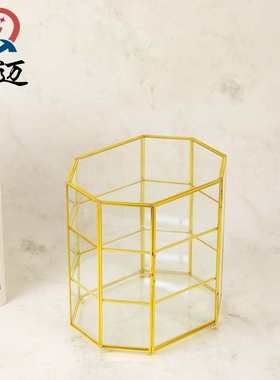 防尘多层玻璃化妆，首饰收纳盒，金色托盘玻璃水果盘铁艺镜