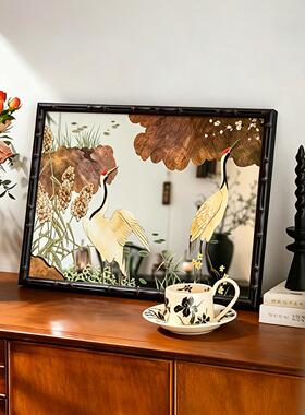 实木镜子画中古风客厅卧室装饰画高级感梳妆台仙鹤摆画挂画