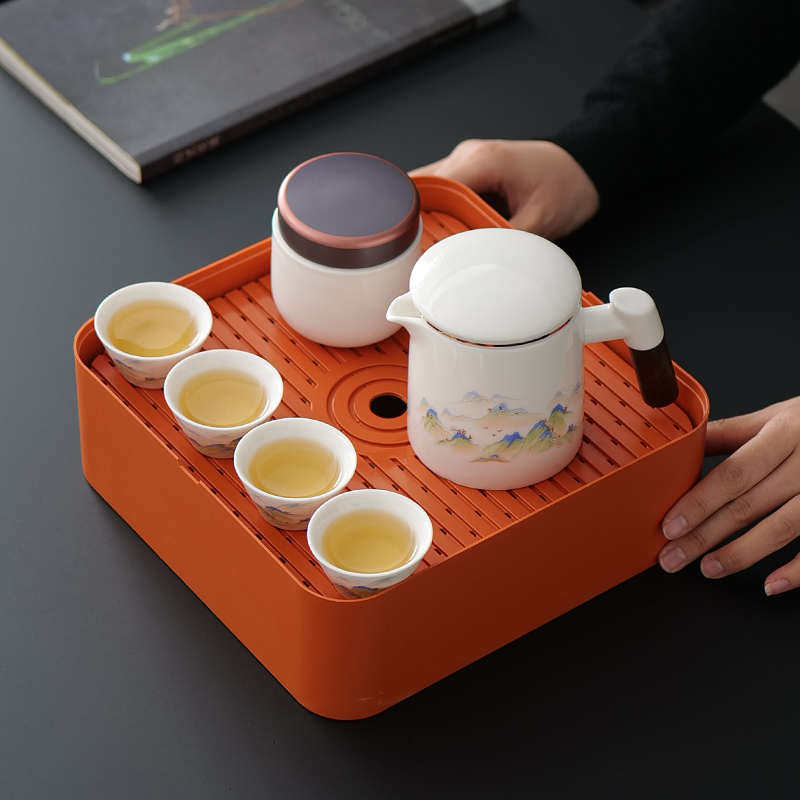 Tea set Kung Fu four cups complete set one pot out-and-out tea set travel portable bag white porcelain tea can camping