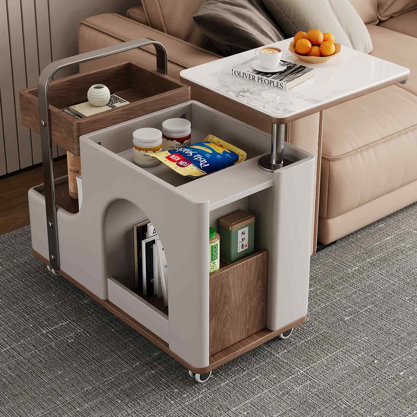 奶油风可升降旋转小户型家用现代简约高级感多功能储物移动小推车,淘宝优惠券,粉丝福利购,淘宝优惠卷