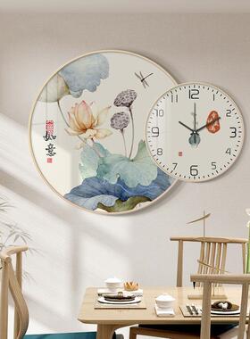 新中式餐厅装饰画荷花福禄双全钟表组合壁画客厅高级感背景墙挂画