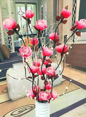 百合叶脉花干花客厅入口地板花人造花装饰枝龙柳吉祥水果套装