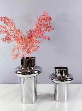 现代银色花瓶玻璃客厅插花花艺仿真干花电视柜餐桌面装饰品