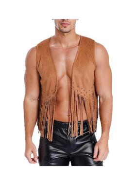 O 72891 Fringe Vest Men's Suede Front Open Retro Vest 复古流
