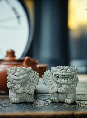 桌面摆件石狮子招财办公室微景观鱼缸造景醒狮茶宠创意家居装饰品