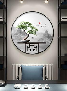 新中式装饰画禅意水墨山水画玄关圆形挂画书房茶室背景墙客厅壁画