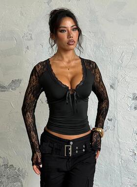 Women's Lace Patchwork V Neck Long Sleeve Blouse Elegant