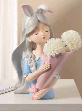 轻奢爱丽丝女孩创意摆件捧花花瓶家居装饰品桌面客厅电视柜摆设