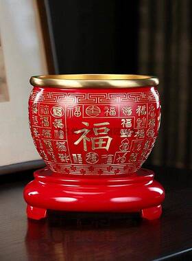 实心纯铜百福缸摆件大小号彩绘黄铜米缸客厅玄关家用红色聚宝铜盆
