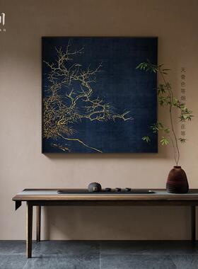 新中式高级感蓝色肌理枝头花鸟入户玄关客厅装饰画壁画方形挂画