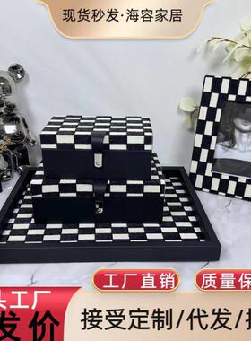 “原创设计”黑白轻奢皮质托盘样板房精致相框首饰盒装饰设计师摆