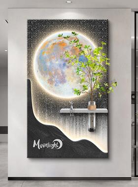 水培绿色植物入口装饰画月亮立体走廊过道挂画高端入口门面壁灯