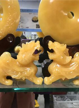 真玉黄玉麒麟摆件松香玉麒麟送福求子家居公开业摆件工艺品礼品