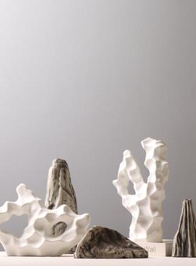新中式创意陶瓷珊瑚石书房茶室哑光白色装饰摆件假山插花扁工艺品