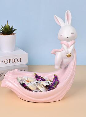创意少女兔子糖果盒收纳盘入户桌面装饰卡通摆件家居客厅现代简约