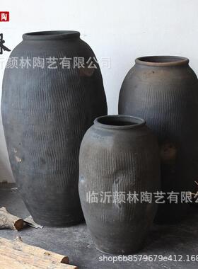 落地翁瓶黑灰色新派设计复古陶罐花盆粗陶瘦高花瓶陶罐INS自然风