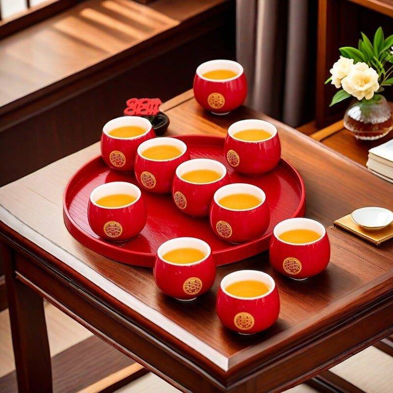 Wedding celebration tea cup Chinese style engagement supplies red bride dowry tray teapot tea set