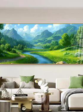 聚宝盆装饰画青山绿水沙发背景墙挂画流水生财横版山水晶瓷画