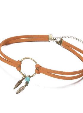 锁骨炼覆古项炼叶吊坠皮革项炼