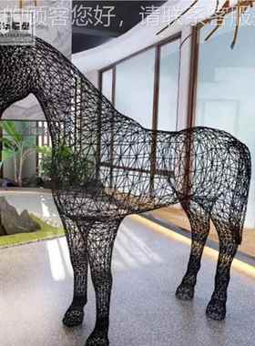 象大型铁艺动物不锈钢空马雕塑人和马创意艺21580金属抽艺术马摆