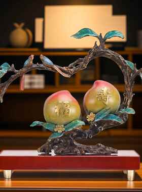 高档铜福寿双黄全寿桃摆厅件玄关客酒柜蟠寿桃装饰品乔迁送长辈贺