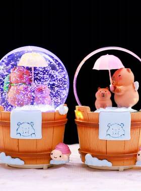 新款水豚卡皮巴拉卡通水晶球飘雪发光八音盒摆件儿童房装饰品