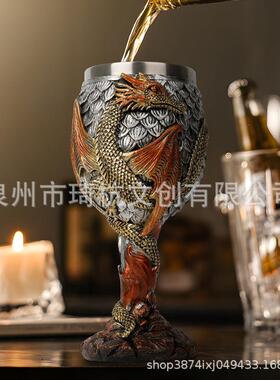 复古OZY创杯意立体雕龙高脚杯神秘猫咪不锈钢啤酒件店铺摆桌浮面