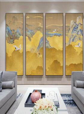 中式竖版装饰画抽象黄色意境风景画酒店大堂四联画茶室瑞鹤图挂画