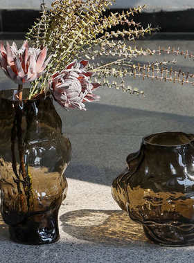 美式复古咖色异形玻璃花瓶 客厅卧室桌面摆放插花花器家居装饰品