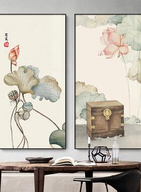 荷花禅意新中式玄关装饰画晶瓷画玄关走廊尽头墙画中式挂画