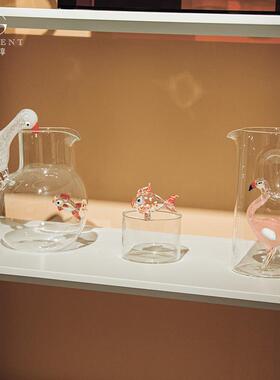 晶淳 栩栩如生 鹈鹕吃鱼火烈鸟小金鱼 高硼硅灯工装饰摆件水壶杯