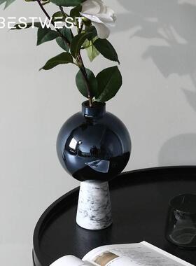 新中式大理石玻璃花瓶摆件 家居样板间设计师高档花器