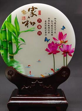 天然白玉平安扣摆件圆形彩绘玉扣家具风水玉石摆件彩色图案和氏璧
