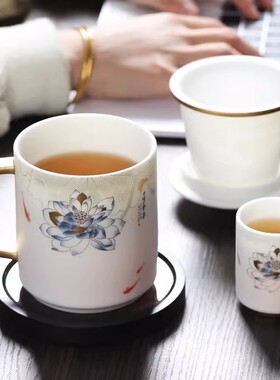 渡景山房羊脂玉白瓷高端办公杯陶瓷茶水分离泡茶杯高档送客户领导