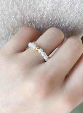 天然淡水弹力珍珠女近圆珠强光小金珠镀金小球戒圈指环