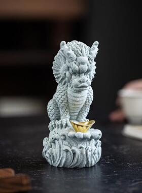 青砂石国潮风吸水兽创意家居客厅玄关工艺装饰品水族鱼缸造景摆件