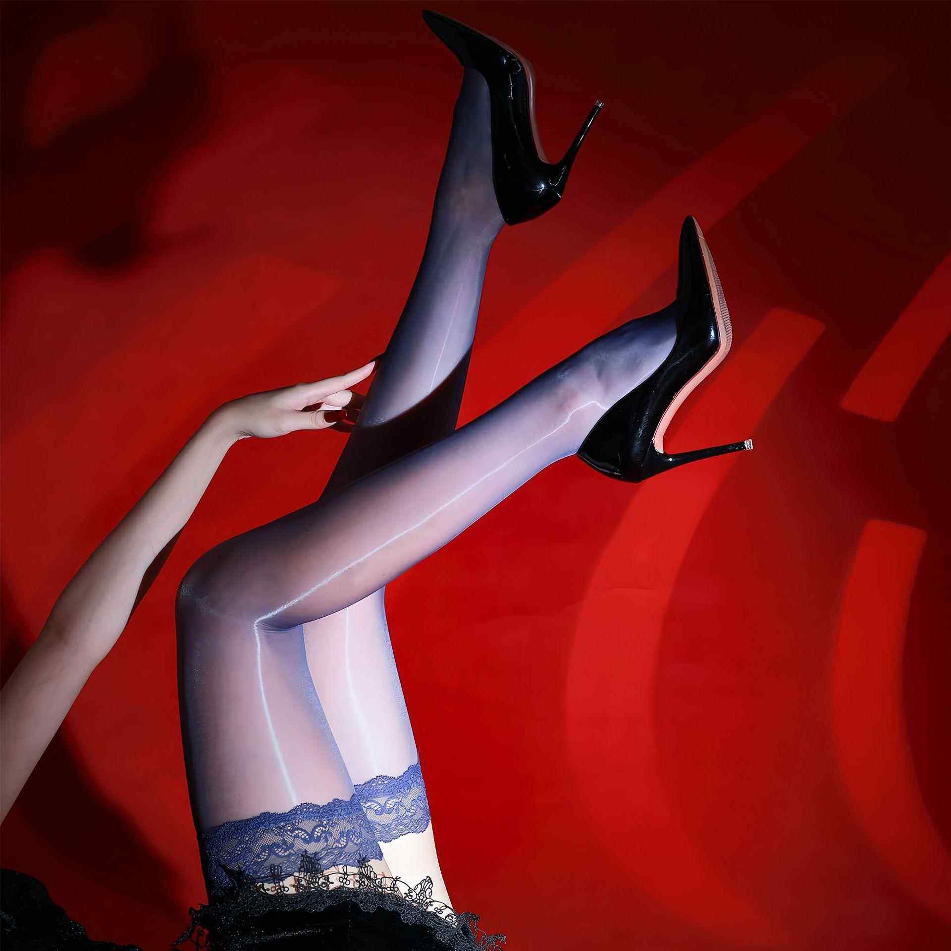 涞觅肤复古蓝色过膝蕾丝花边带硅胶防滑极光长筒丝袜超薄油亮丝滑,淘宝优惠券,粉丝福利购,淘宝优惠卷