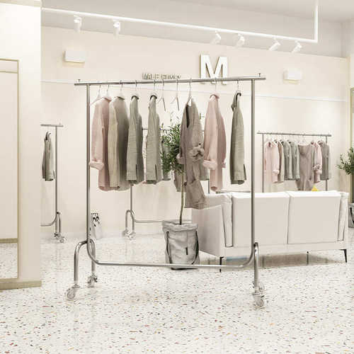 服装店展示架落地式不锈钢拉丝银色挂衣杆带轮子中岛架女装店货架 - 图3