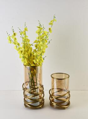 现代简约售楼处样板间家居饰品金属玻璃仿真花花器花瓶餐厅摆件