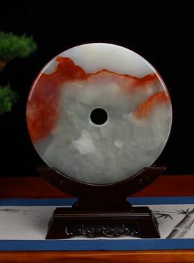 天然阿富汗玉石平安扣摆件红花冰玉客厅玄关中式装饰品桌面工艺礼