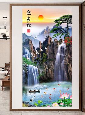 山水流水生财风景画迎客松自粘画玄关装饰墙贴入户迎门墙贴纸贴画